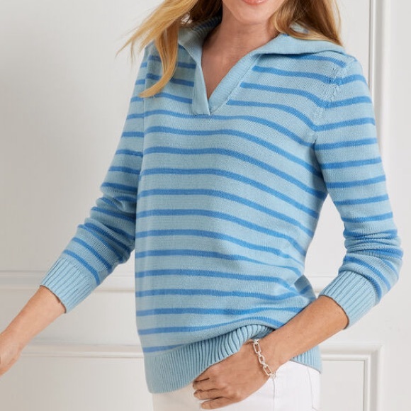Talbots Sweaters - Talbots Blue Stripe Brushed Cotton Johnny Collar Pullover Sweater Size‎ XS